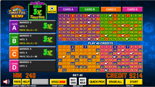 مثال على لعبة Super Times Pay Keno